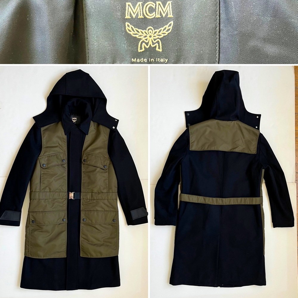 MCM Two-Tone Black and Olive Green Hooded Pea Coat